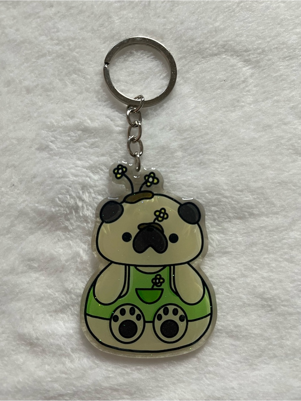 Pug fawn Cute Green Pug Keychain pet glitter acrylic